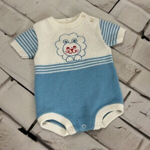 Vintage baby Blue and White Lion Knit Baby Romper